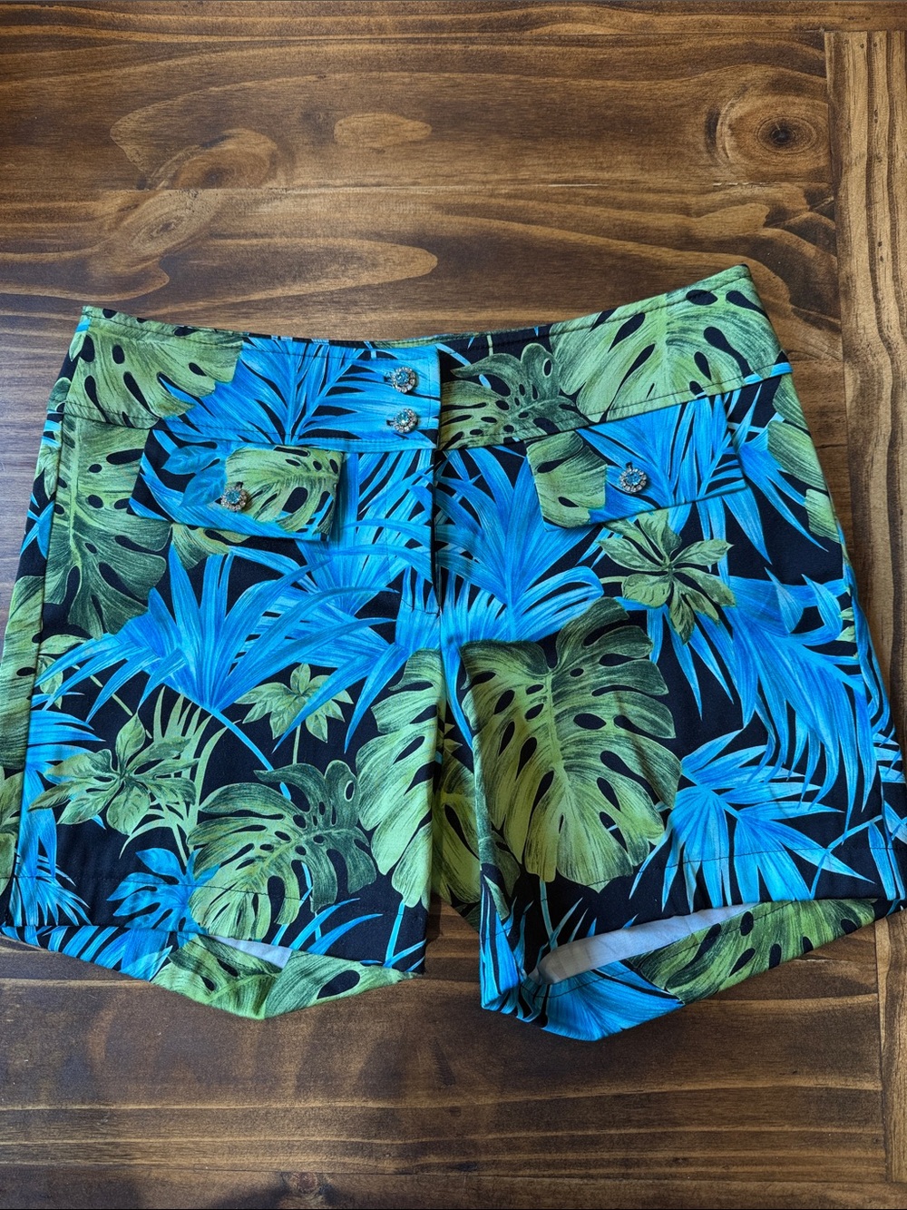 Cache Tropical Leaf Print Shorts - Blue & Green Size 6